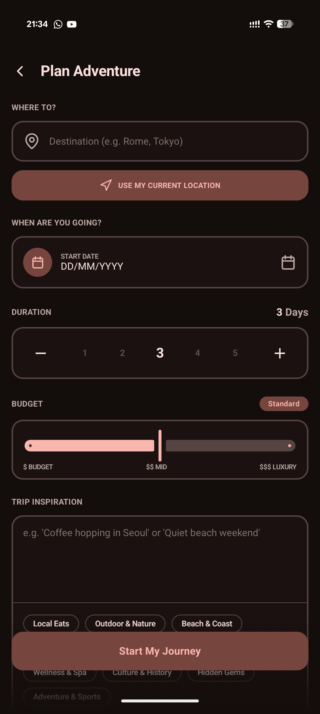 GuideBy trip planning form with destination, dates, duration and budget options
