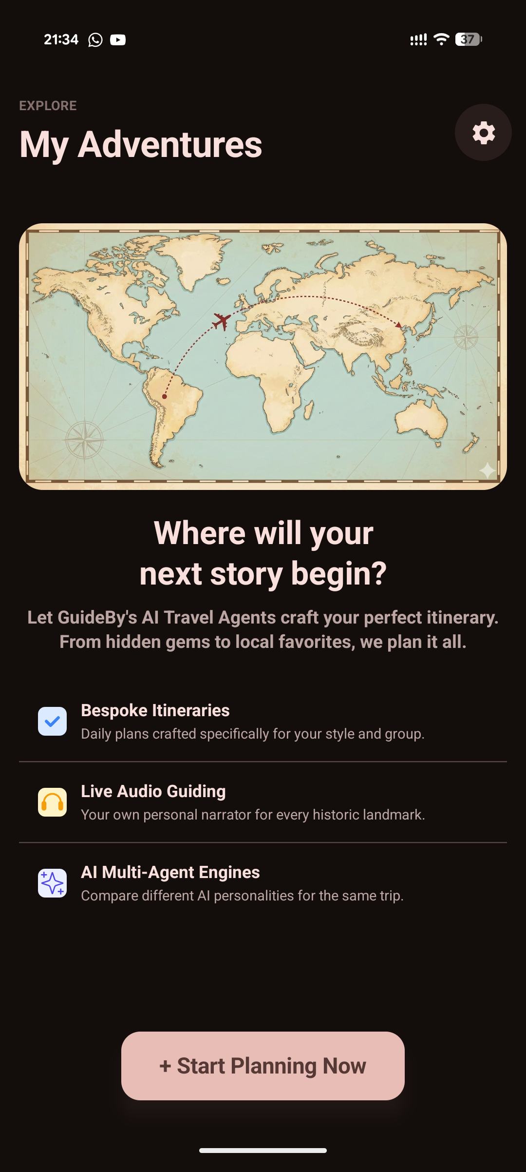 GuideBy app home screen showing My Adventures with a world map